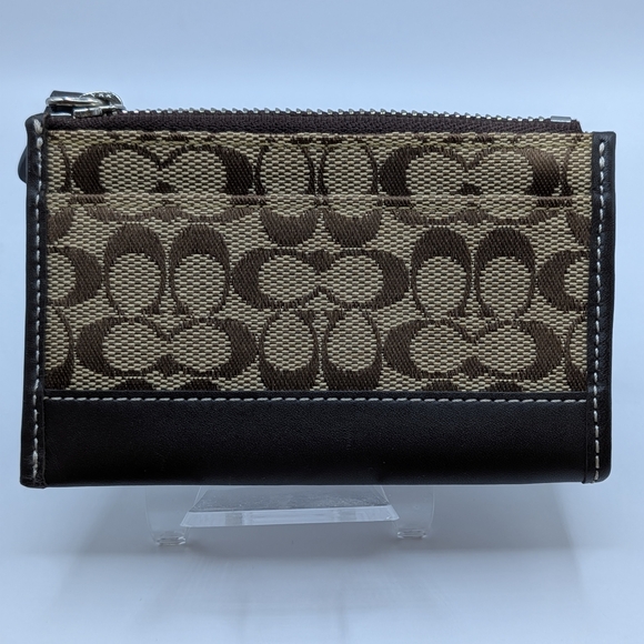 Coach Signature Brown Canvas Leather Zip Card Case w Keychain NWOT